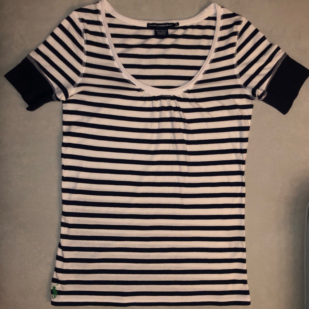 ⚓️Ralph Lauren Sport Top M Nautical Blue White Striped Cinch Boatneck Shirt